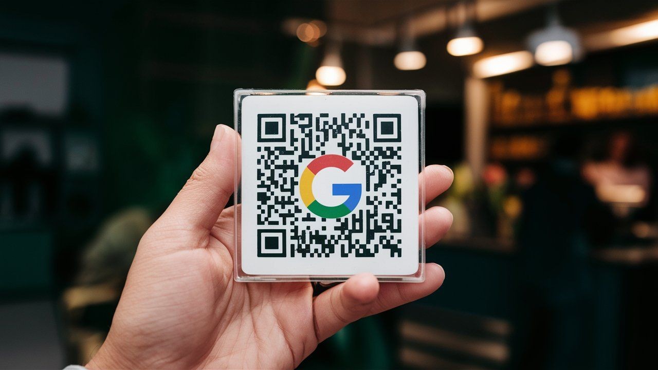 Hand holding a QR code with a logo in the center, blurred cafe background.